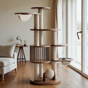 Cat resting on wide wooden perch of modern cat tree for large breeds