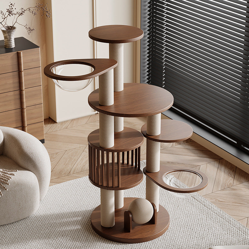 Luxury cat tree in living room with warm wooden design and minimalist style