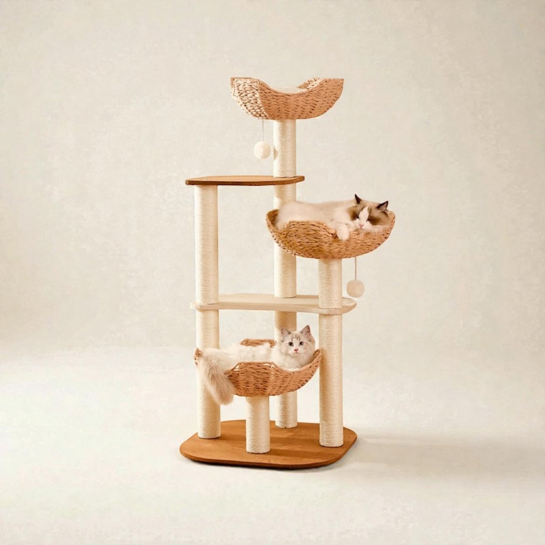 BABEECATS rattan cat tree with three woven baskets and solid wood frame for multi-cat homes
