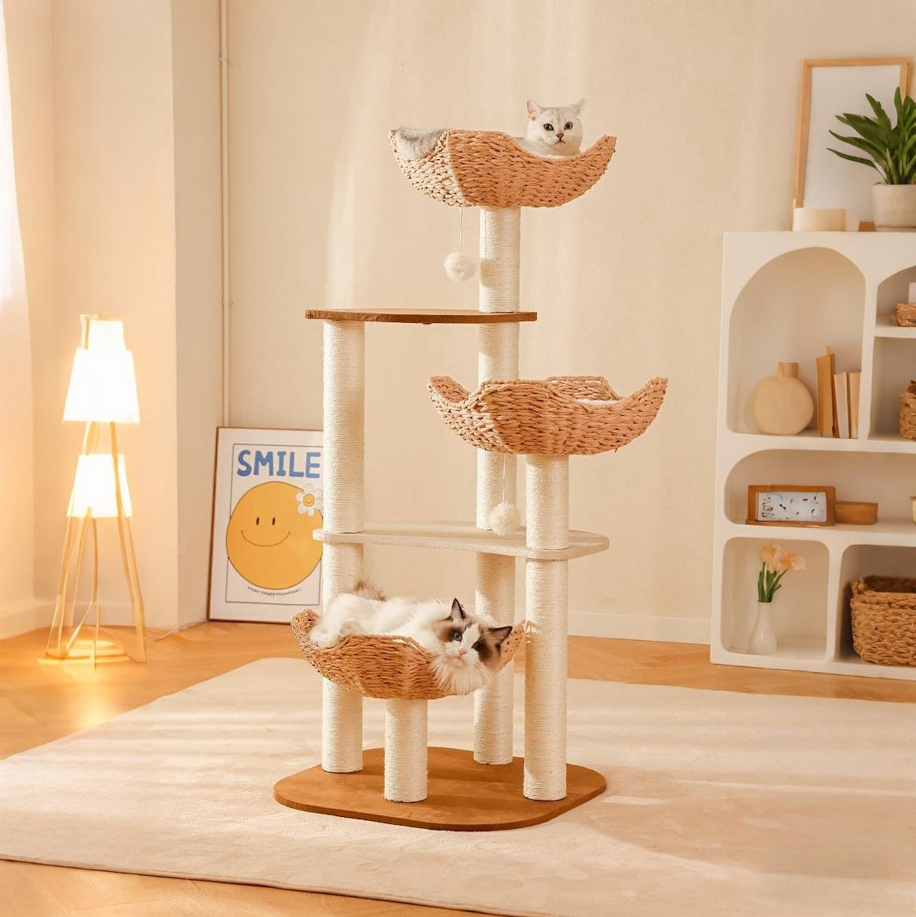 BABEECATS rattan cat tree blending into cozy home interior with natural wood design