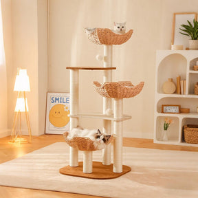 BABEECATS rattan cat tree blending into cozy home interior with natural wood design