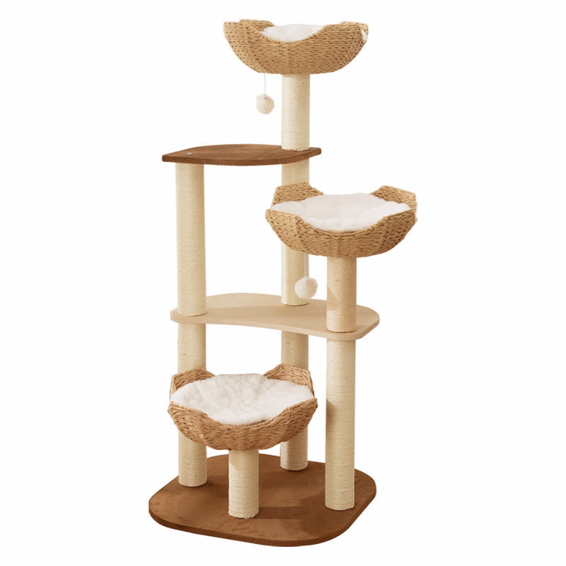 Isolated product view of BABEECATS rattan cat tree with three woven basket platforms