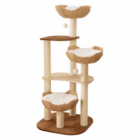 Isolated product view of BABEECATS rattan cat tree with three woven basket platforms