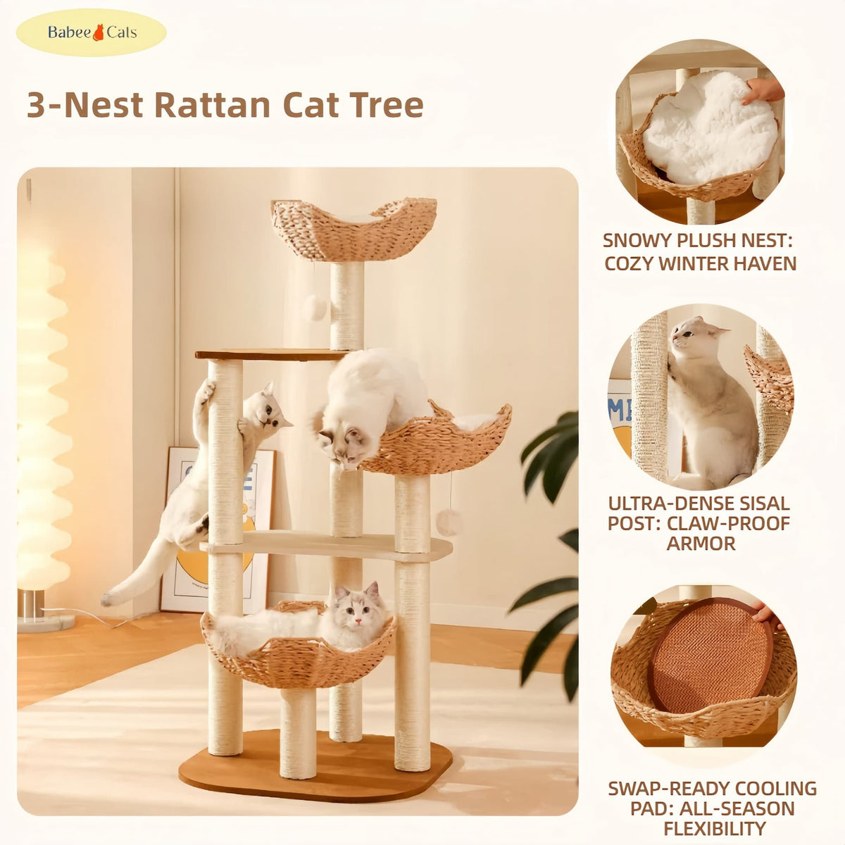 Structure details of BABEECATS rattan cat tree showing woven basket beds and solid wood base