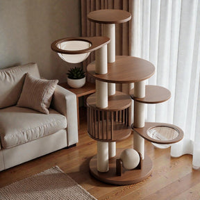 Detailed view of wide perch and reinforced base of wooden cat climbing tower