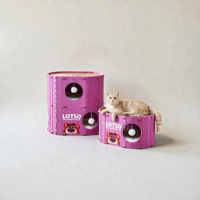 BABEECATS enclosed felt cat cave bed set with cat lounging, strawberry bear pink design