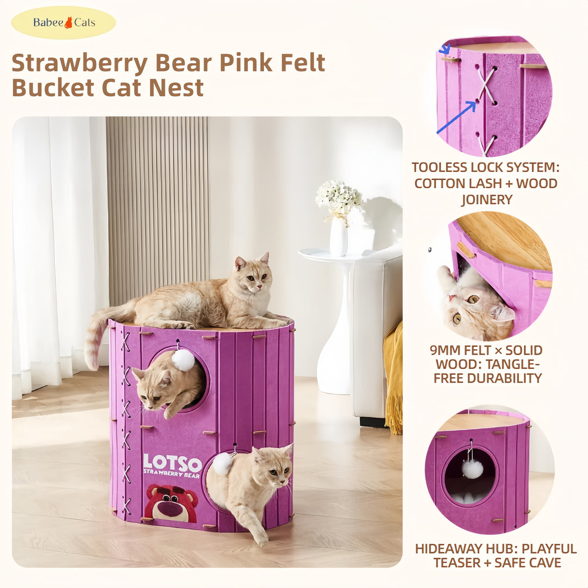 BABEECATS strawberry bear pink felt cat cave bed infographic showing features and details