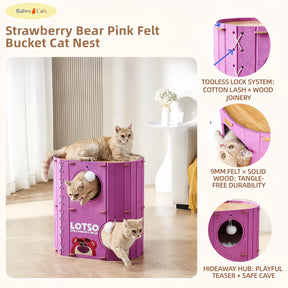 BABEECATS strawberry bear pink felt cat cave bed infographic showing features and details