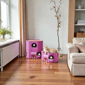 BABEECATS enclosed felt cat cave bed set in living room, strawberry bear pink cat nest