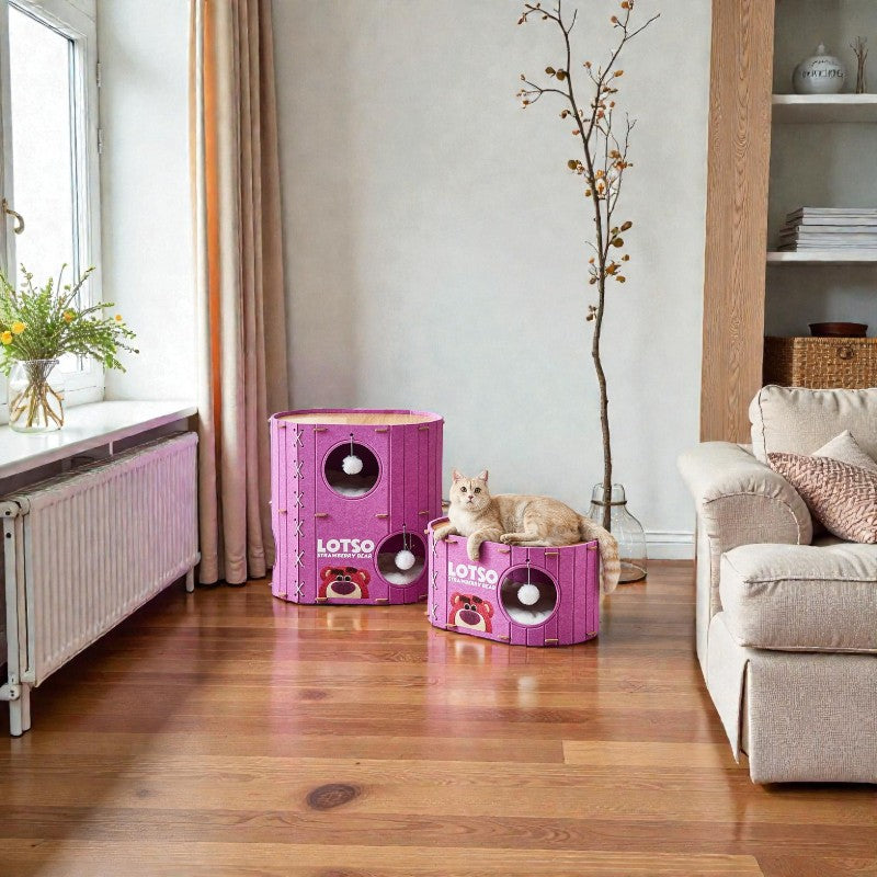 BABEECATS enclosed felt cat cave bed set in living room, strawberry bear pink cat nest