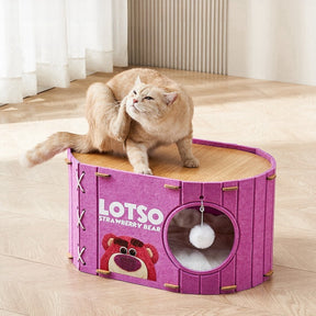 Cat resting on BABEECATS enclosed felt cat cave bed low nest, strawberry bear pink