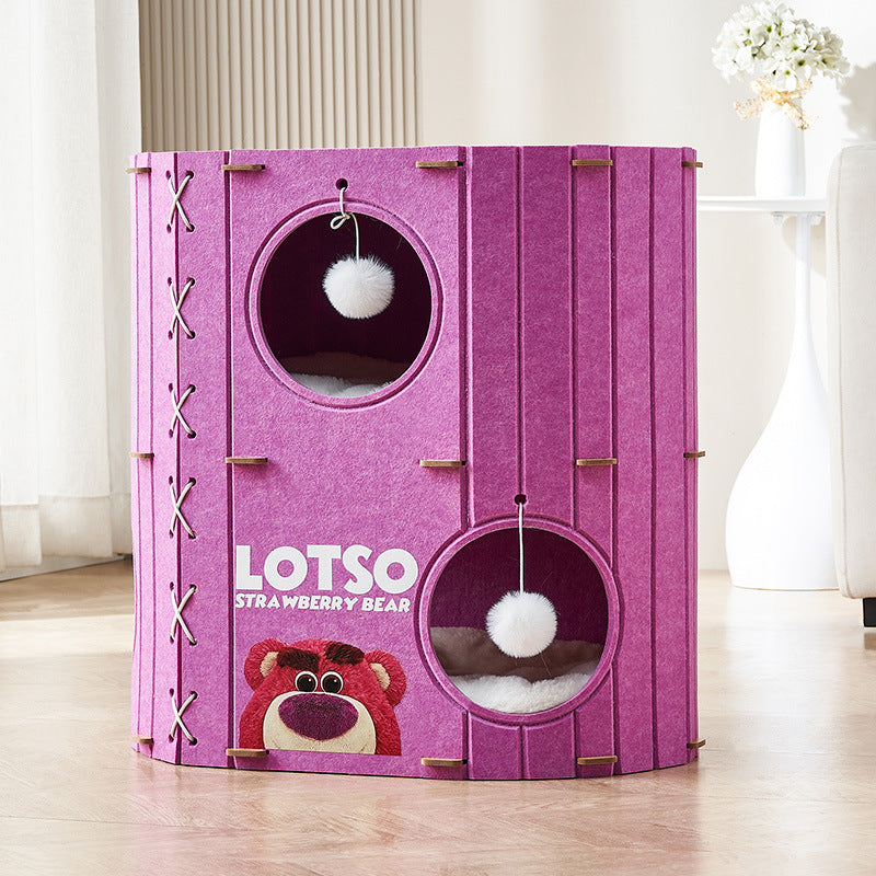 Front view of BABEECATS enclosed felt cat cave bed tower, strawberry bear pink