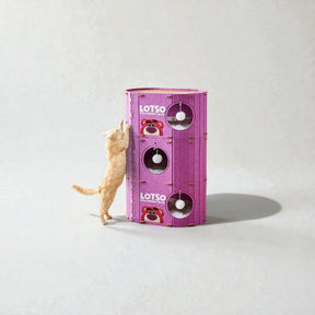 BABEECATS enclosed felt cat cave bed tall tower, strawberry bear pink, studio photo