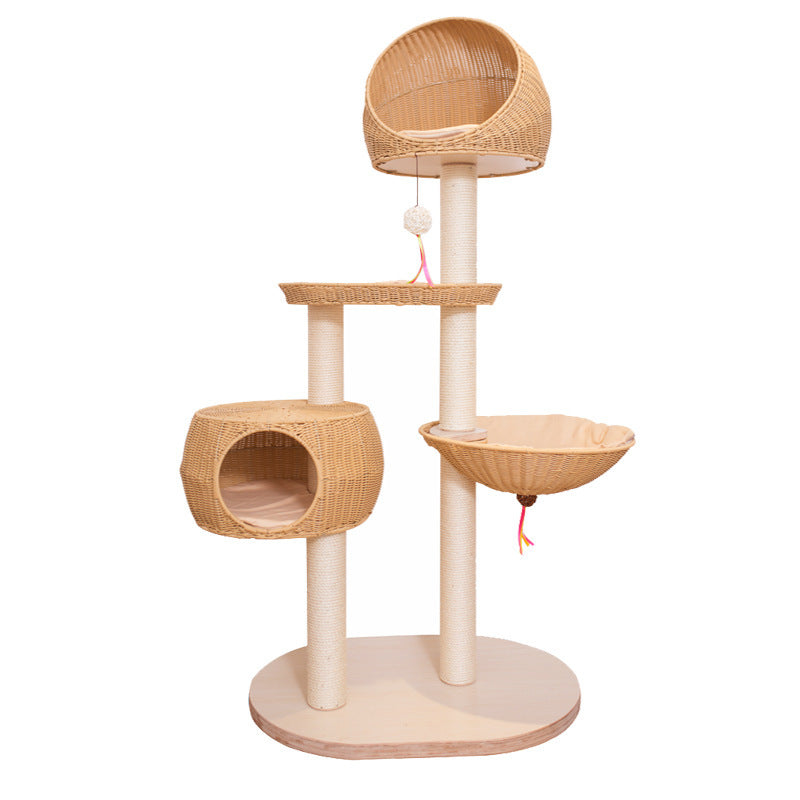 BABEECATS Rattan Nest Multi Layer Solid Wood Cat Tree