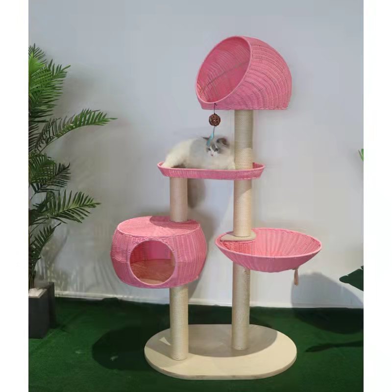 BABEECATS Rattan Nest Multi Layer Solid Wood Cat Tree