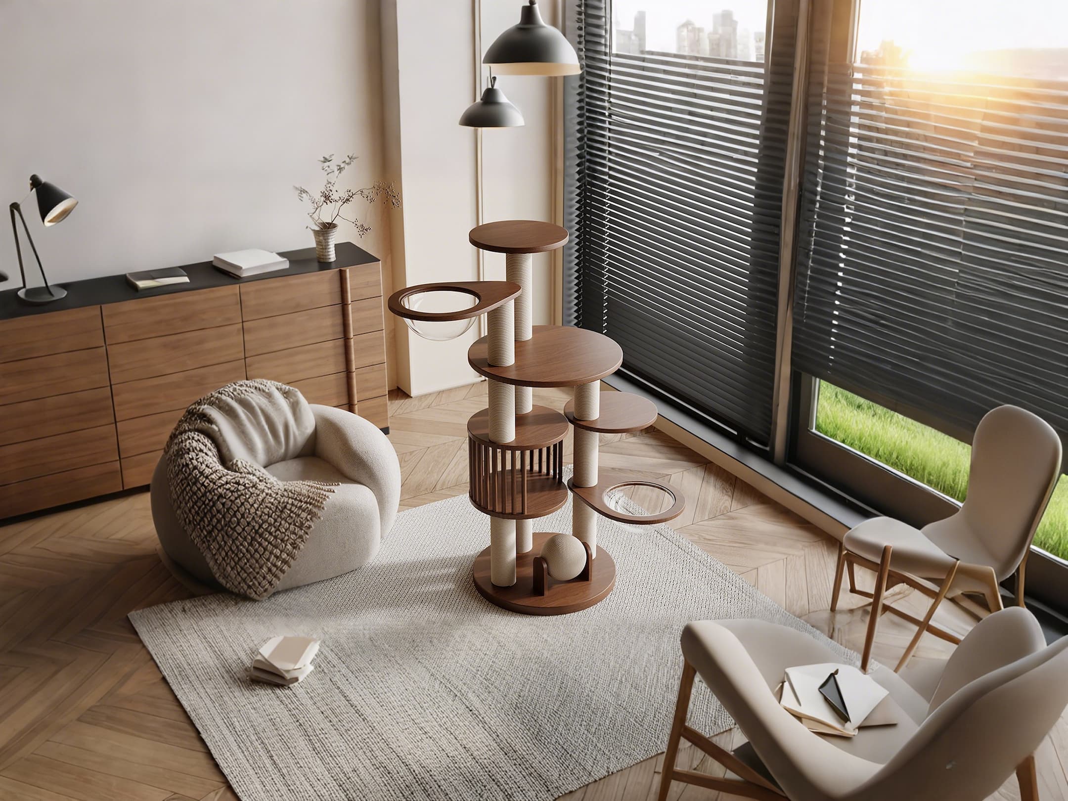 modern solid wood spiral cat tree in a minimalist living room by babeecats
