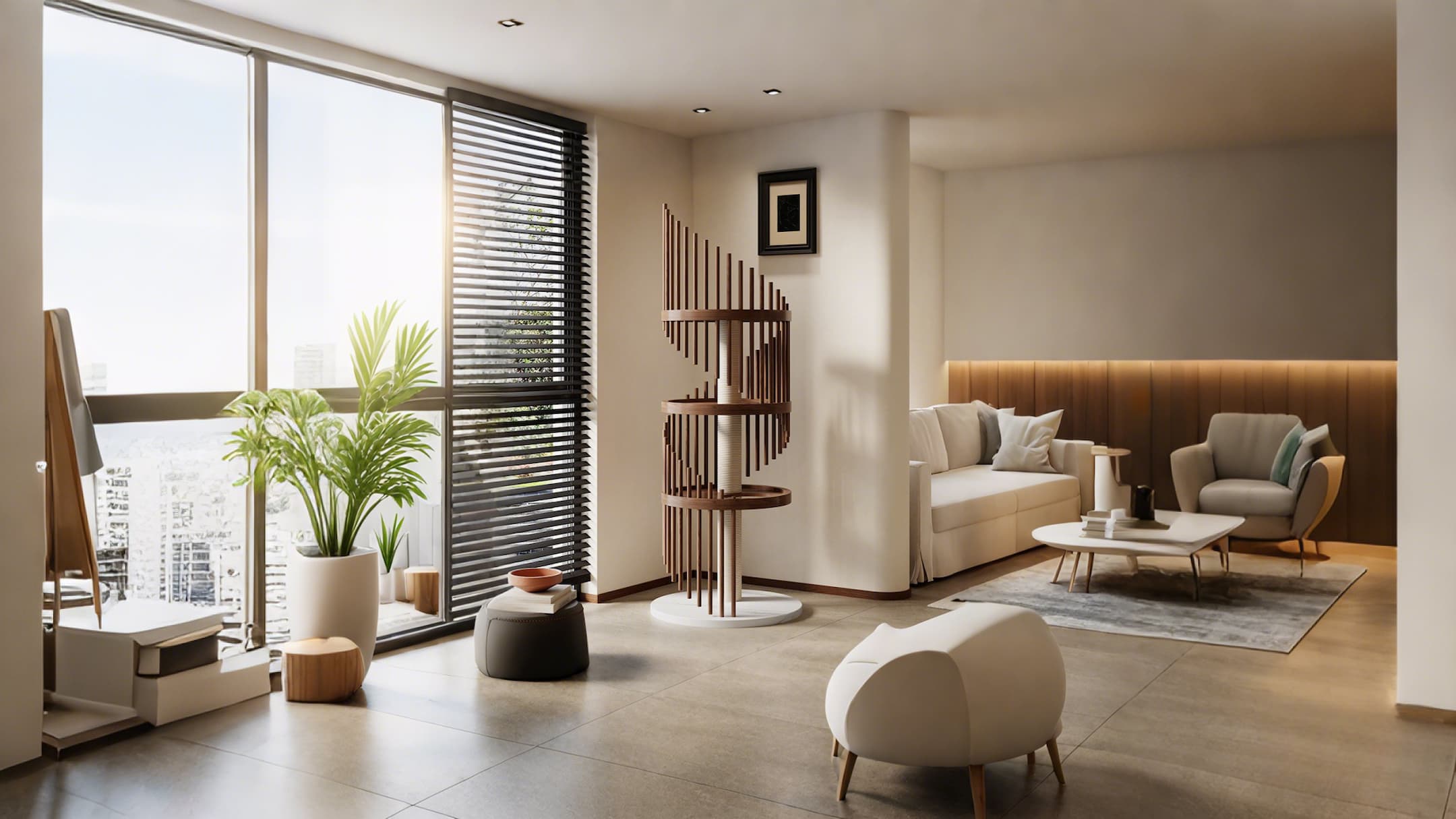 modern solid wood spiral cat tree in a minimalist living room by babeecats