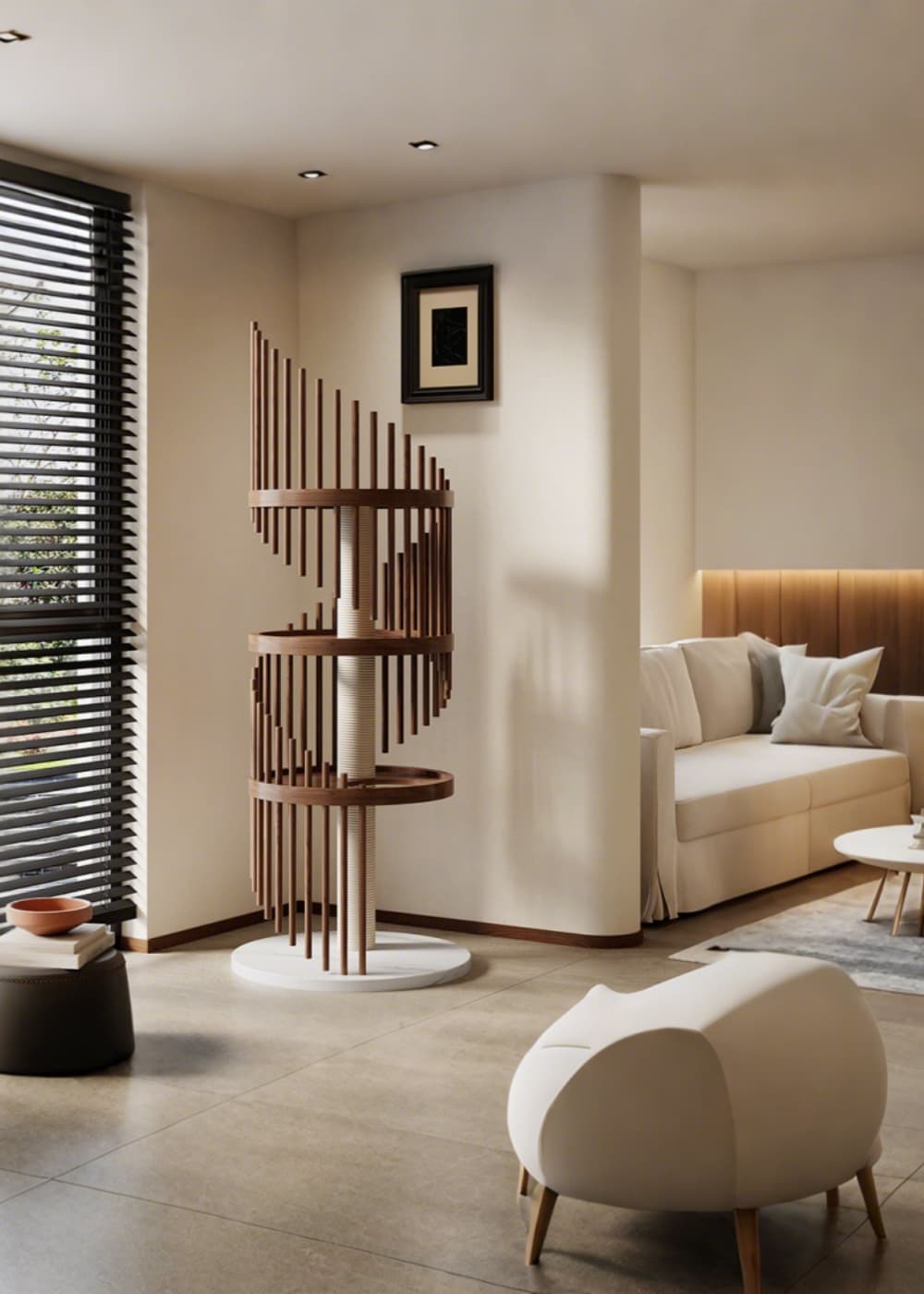 modern solid wood spiral cat tree in a minimalist living room by babeecats